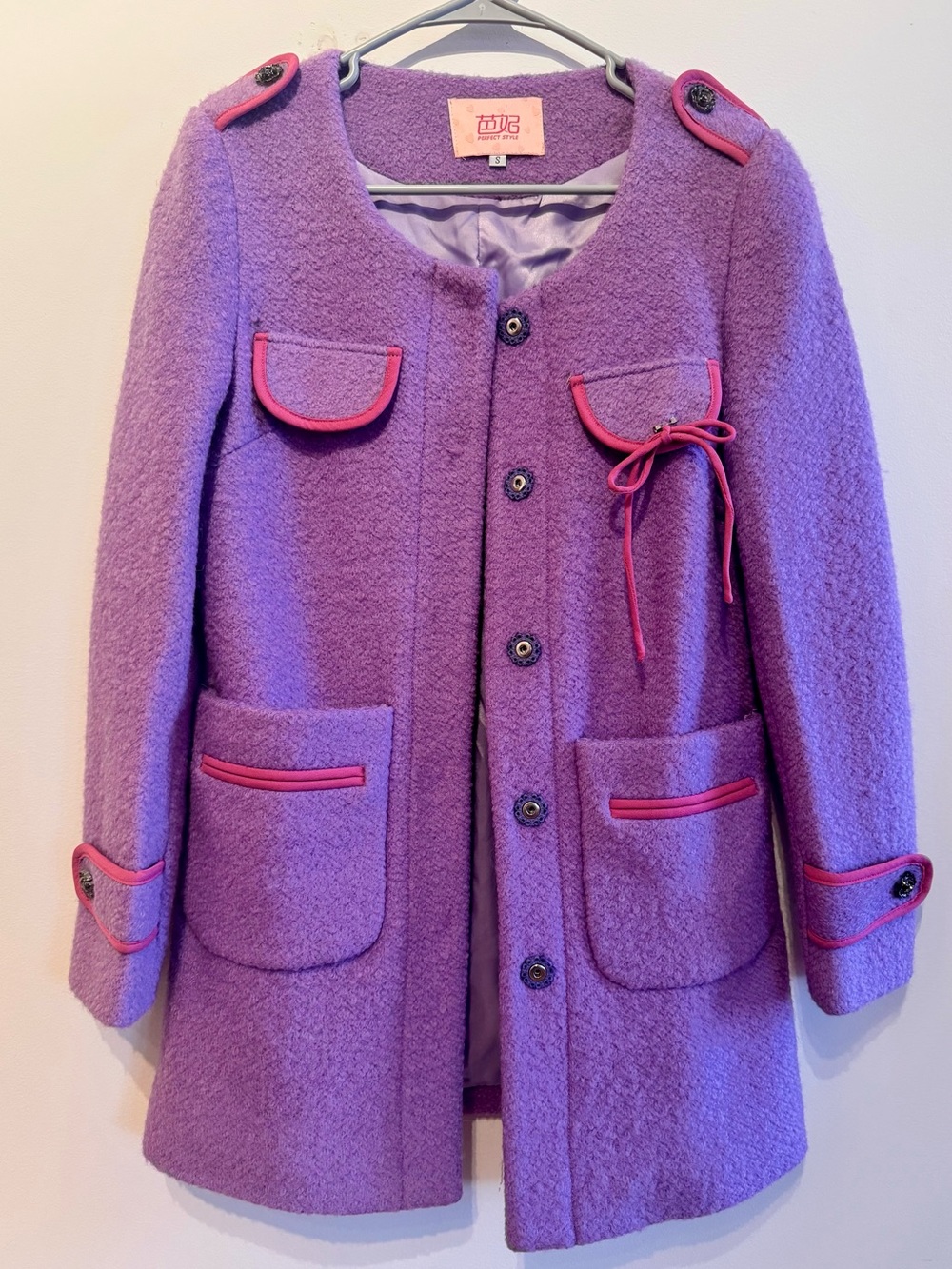 Vintage Purple Wool Blend Peacoat With Pink Trim | Size Small